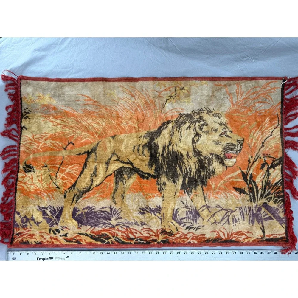 Vintage Lion Tapestry Wall Hanging Orange Jungle Wildlife Fringe 40x23